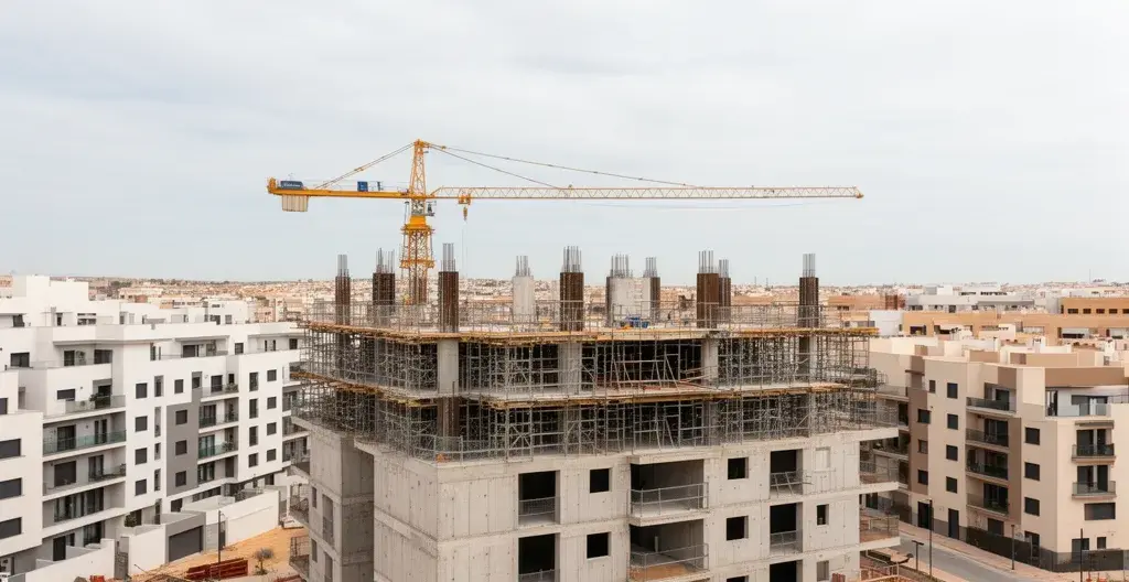 Edificio residencial en construcción con grúa en ciudad española