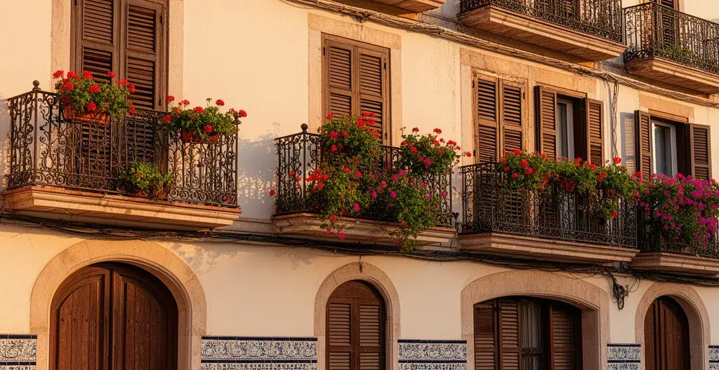 Fachada de edificio residencial español típico con balcones y arquitectura mediterránea