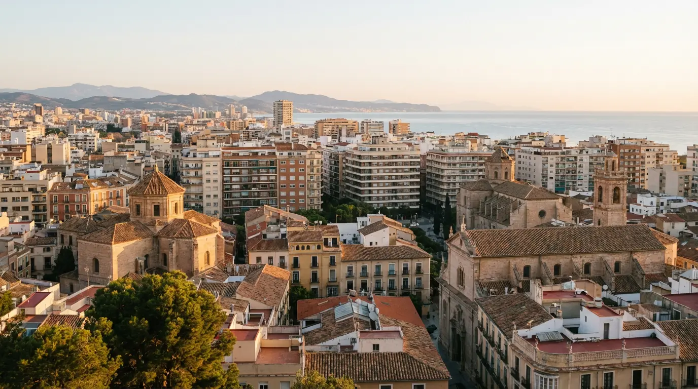 Vista panorámica de ciudad española con edificios residenciales y arquitectura mediterránea