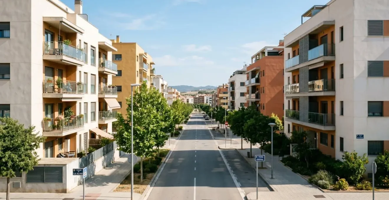 Vista en ángulo amplio de un barrio residencial español con edificios de apartamentos contemporáneos y calles limpias bajo luz natural
