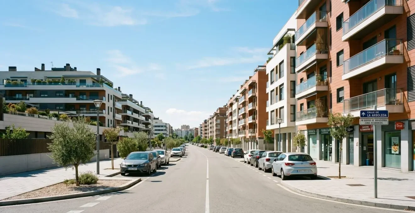 Vista en ángulo amplio de un barrio residencial español con edificios de apartamentos contemporáneos y calles limpias bajo luz natural