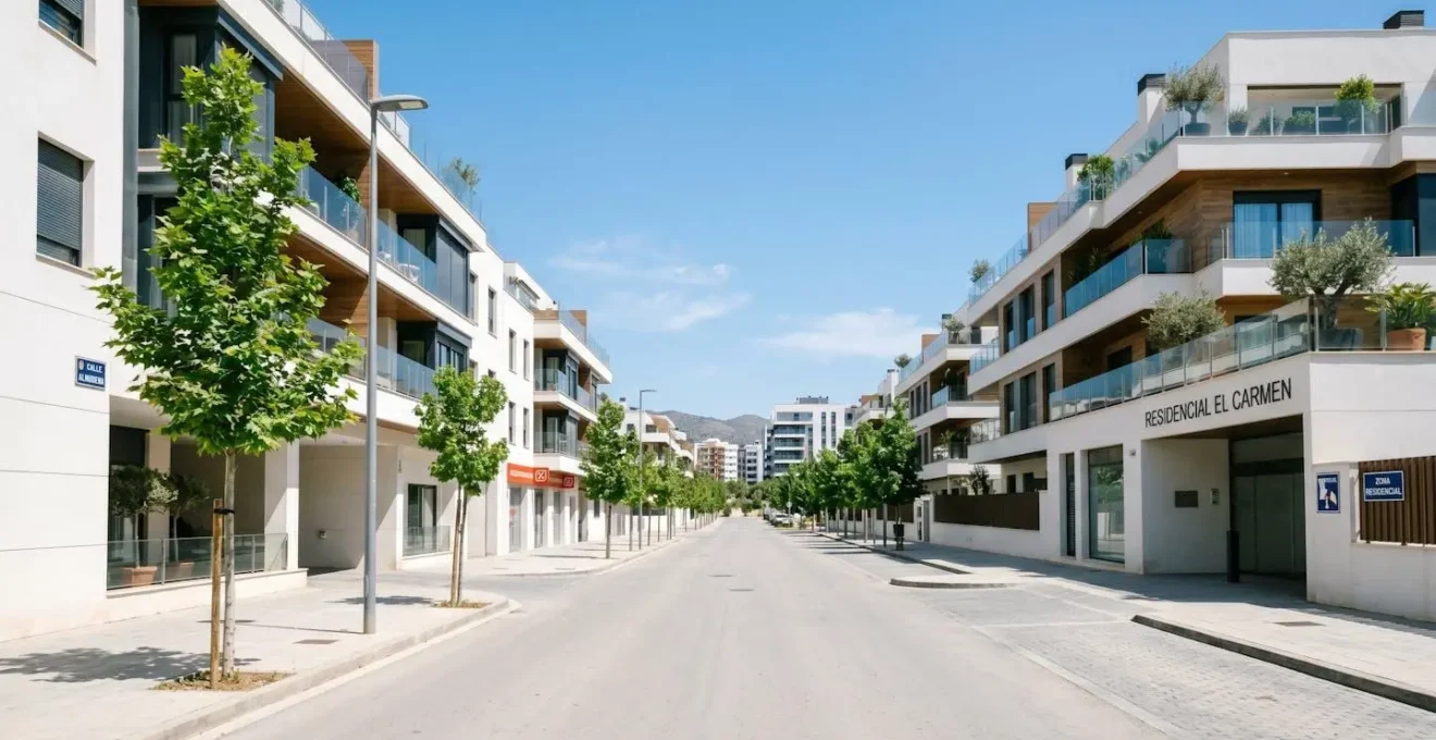 Vista en ángulo amplio de un barrio residencial español con edificios de apartamentos contemporáneos y calles limpias bajo luz natural