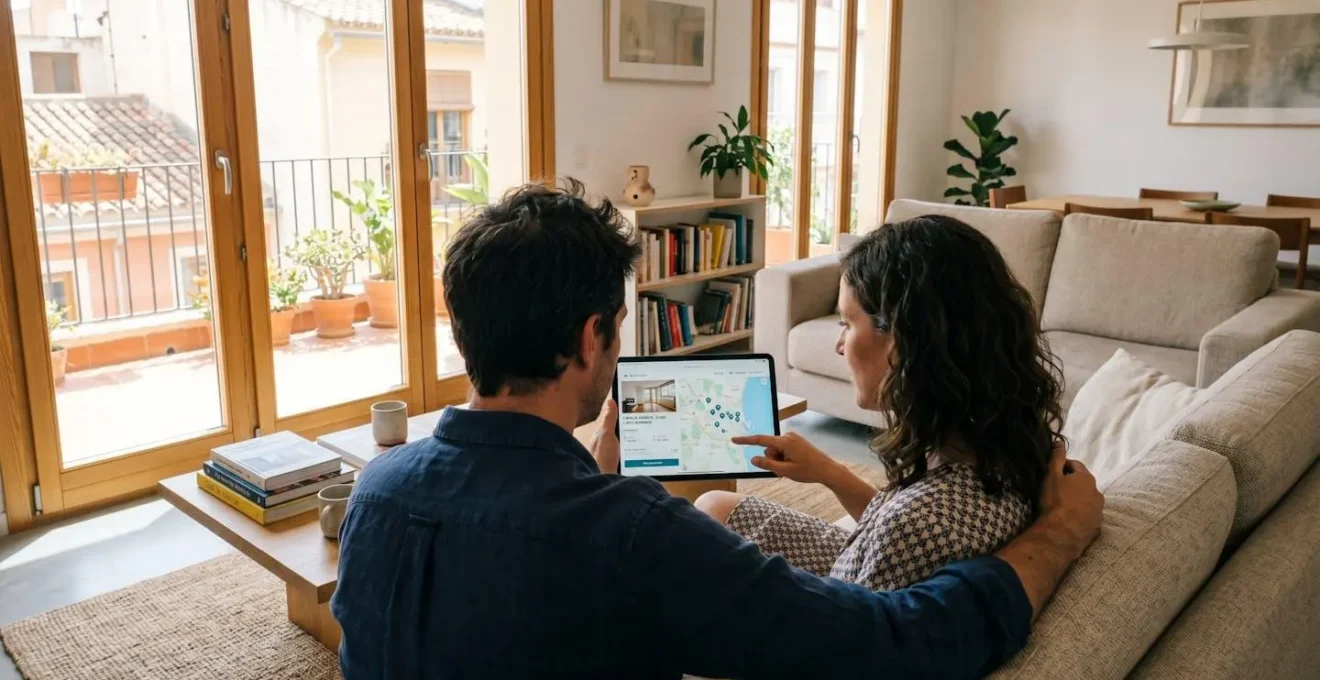 Una pareja de mediana edad consulta datos inmobiliarios en una tablet sentados en el sofá de un salón moderno y luminoso