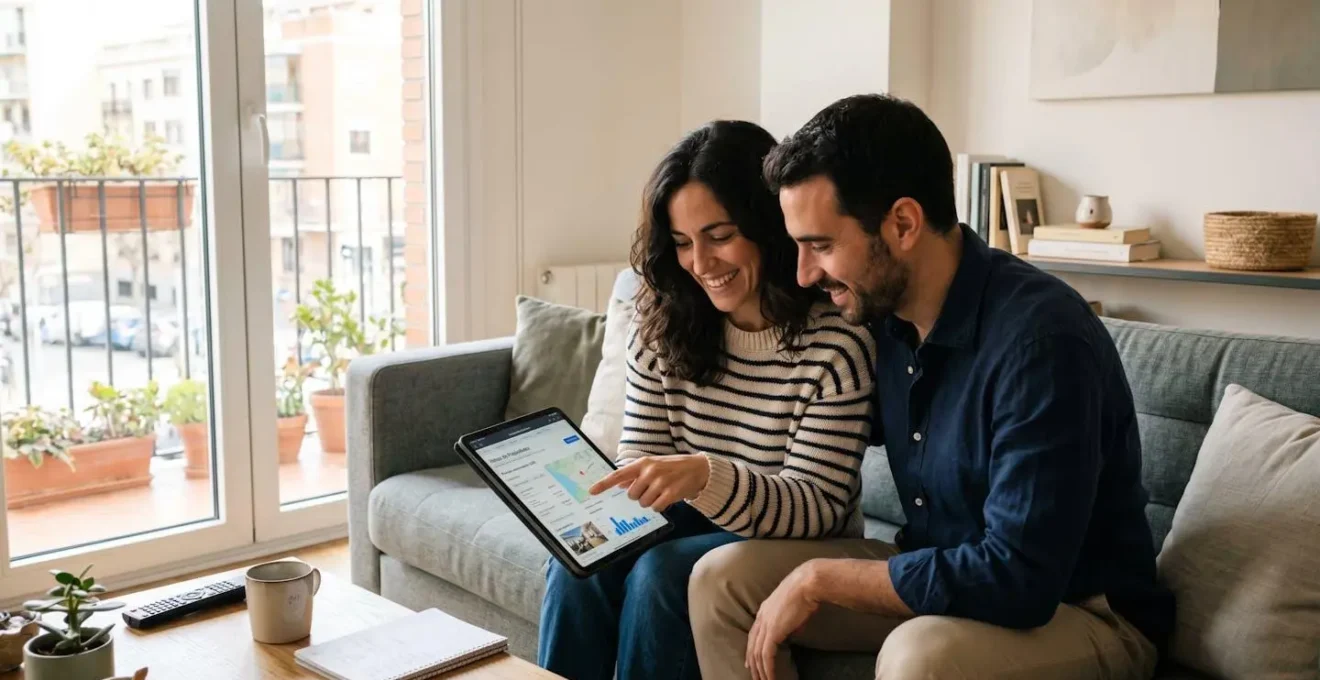 Una pareja de mediana edad consulta datos inmobiliarios en una tablet sentados en el sofá de un salón moderno y luminoso