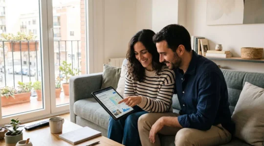 Una pareja de mediana edad consulta datos inmobiliarios en una tablet sentados en el sofá de un salón moderno y luminoso