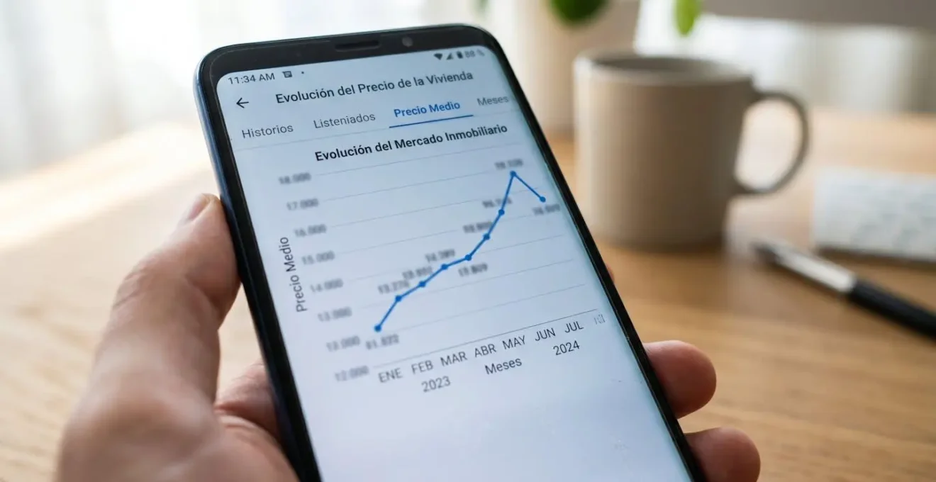 Primer plano de una pantalla de smartphone mostrando un gráfico de barras con la evolución de precios inmobiliarios