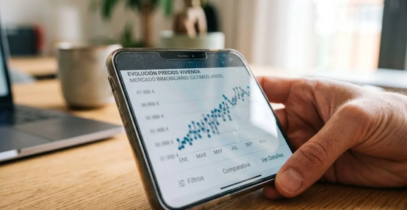 Primer plano de una pantalla de smartphone mostrando un gráfico de barras con la evolución de precios inmobiliarios