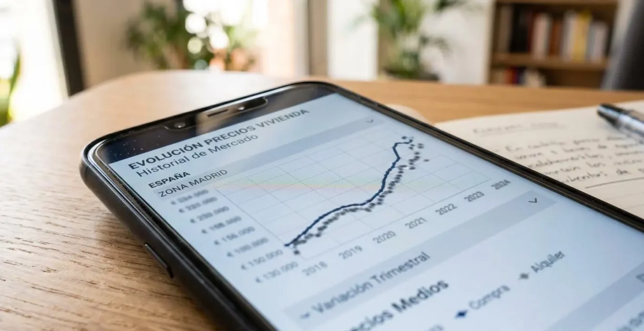 Primer plano de una pantalla de smartphone mostrando un gráfico de barras con la evolución de precios inmobiliarios